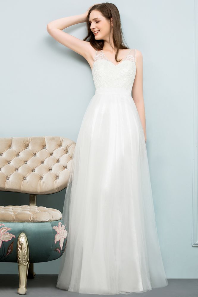 V-neck Sleeveless A-line Floor Length Lace Tulle Prom Dresses