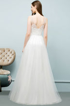 V-neck Sleeveless A-line Floor Length Lace Tulle Prom Dresses
