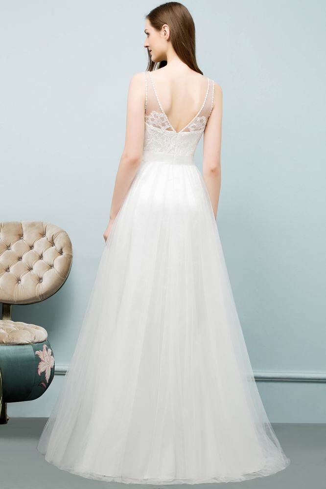 V-neck Sleeveless A-line Floor Length Lace Tulle Prom Dresses