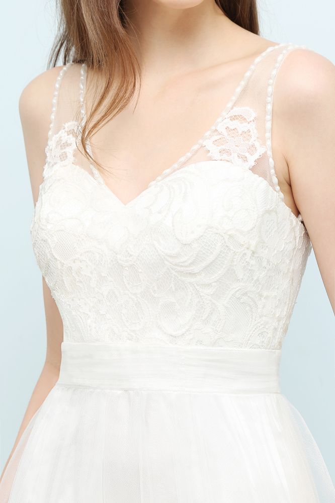 V-neck Sleeveless A-line Floor Length Lace Tulle Prom Dresses