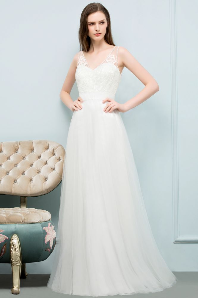 V-neck Sleeveless A-line Floor Length Lace Tulle Prom Dresses