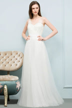 V-neck Sleeveless A-line Floor Length Lace Tulle Prom Dresses