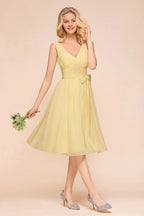 V-Neck Sleeveless A-line Mini Dress Ankle Length Bridesmaid Dress