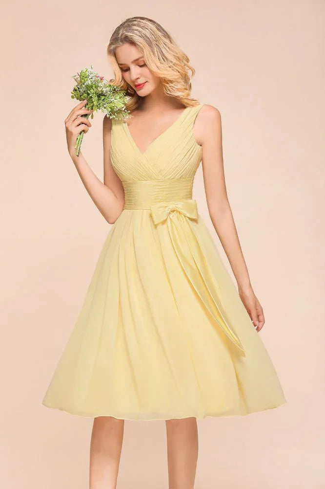 V-Neck Sleeveless A-line Mini Dress Ankle Length Bridesmaid Dress