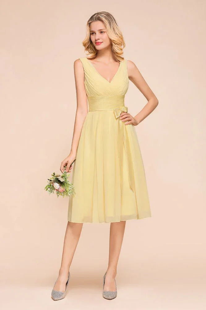 V-Neck Sleeveless A-line Mini Dress Ankle Length Bridesmaid Dress