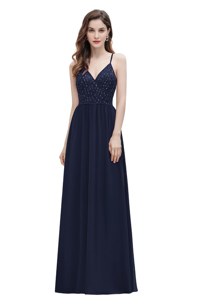 V-Ausschnitt Ärmelloses A-Linie Abendkleid Pailletten Brautjungfernkleid