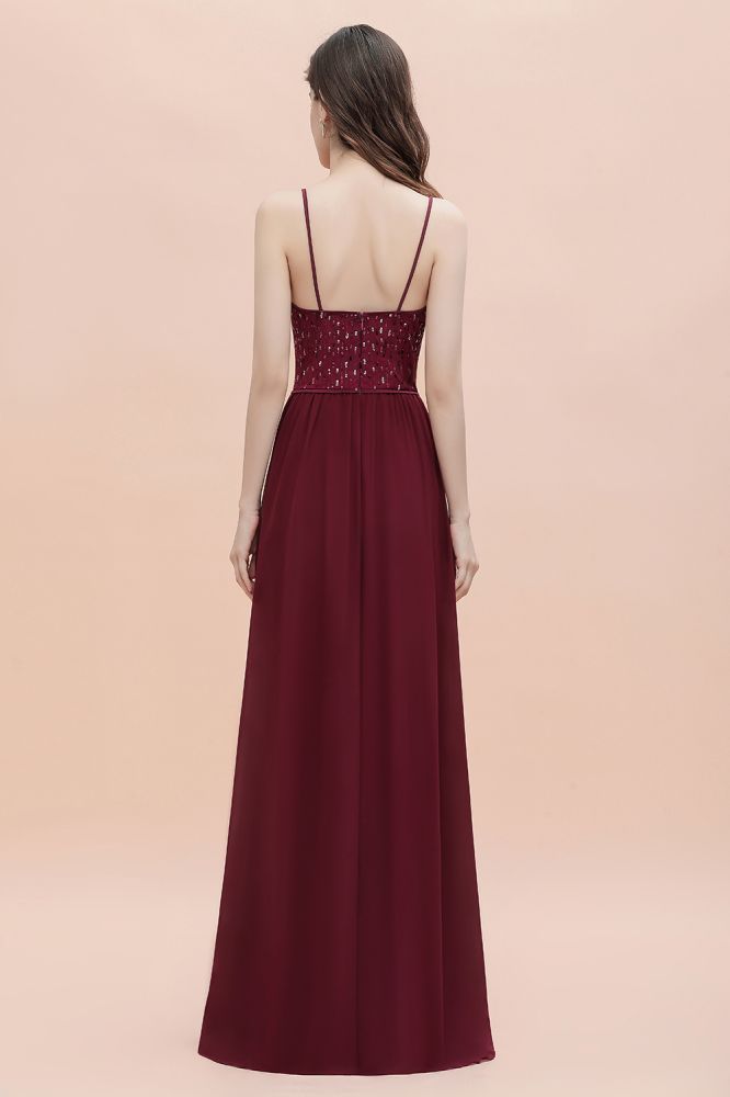 V-Ausschnitt Ärmelloses A-Linie Abendkleid Pailletten Brautjungfernkleid