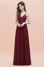 V-Ausschnitt Ärmelloses A-Linie Abendkleid Pailletten Brautjungfernkleid
