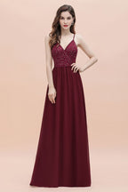 V-Ausschnitt Ärmelloses A-Linie Abendkleid Pailletten Brautjungfernkleid