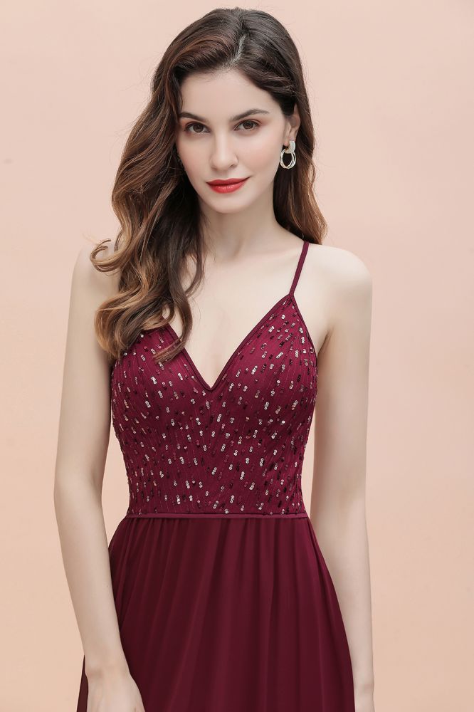 V-Ausschnitt Ärmelloses A-Linie Abendkleid Pailletten Brautjungfernkleid