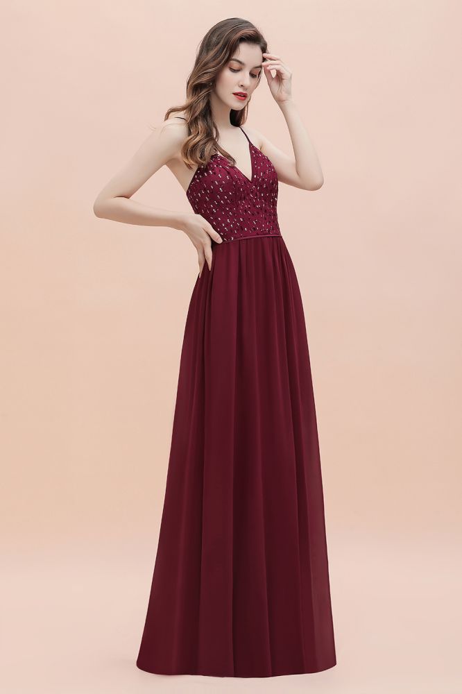 V-Ausschnitt Ärmelloses A-Linie Abendkleid Pailletten Brautjungfernkleid