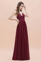 V-Ausschnitt Ärmelloses A-Linie Abendkleid Pailletten Brautjungfernkleid