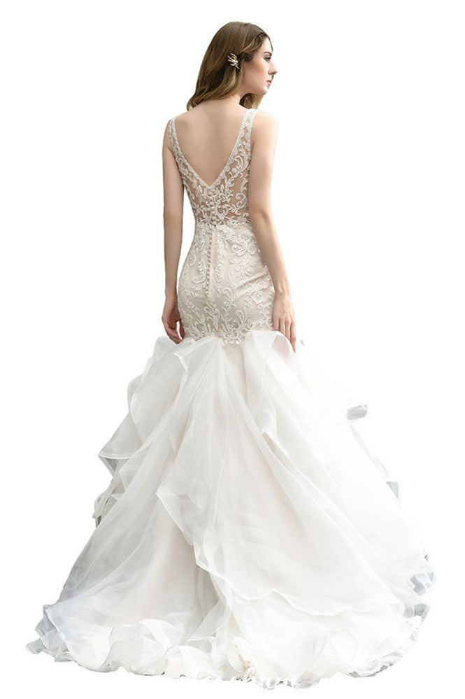 Vestido de Noiva Sereia com Decote em V, Sem Mangas, Renda Floral, Saia de Tule Bufante e Corte Justo para Casamento no Jardim