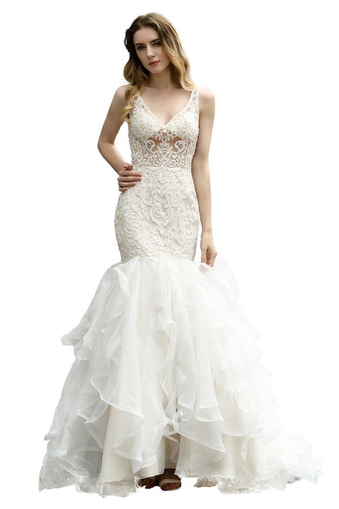 Vestido de Noiva Sereia com Decote em V, Sem Mangas, Renda Floral, Saia de Tule Bufante e Corte Justo para Casamento no Jardim