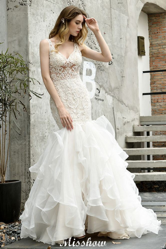 Vestido de Noiva Sereia com Decote em V, Sem Mangas, Renda Floral, Saia de Tule Bufante e Corte Justo para Casamento no Jardim