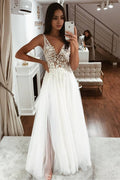 Robe de plage de mariage en tulle et dentelle, sans manches, à col en V