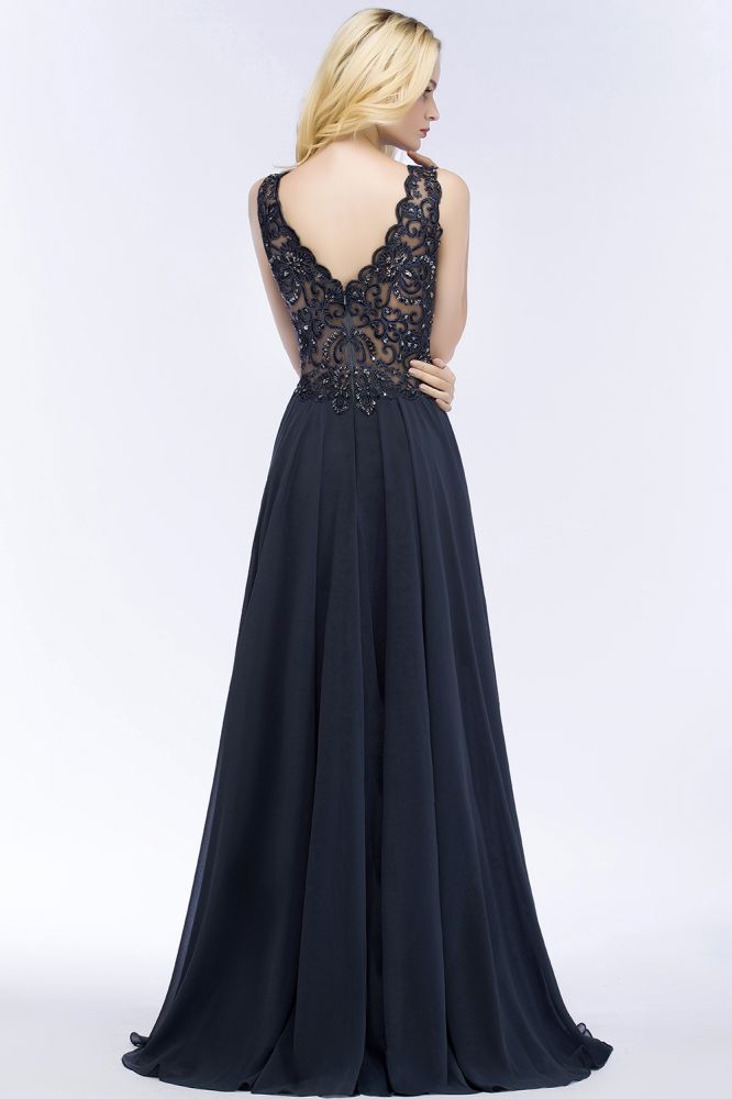 Vestidos de cerimónia longos de chiffon com decote em V, sem mangas, aplicados com cristais