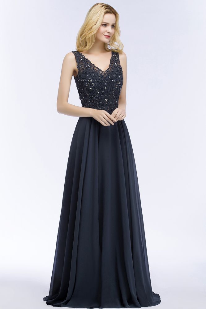 Vestidos de cerimónia longos de chiffon com decote em V, sem mangas, aplicados com cristais