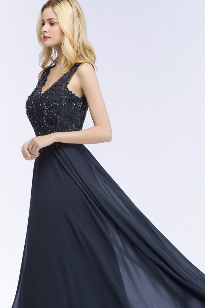 Vestidos de cerimónia longos de chiffon com decote em V, sem mangas, aplicados com cristais
