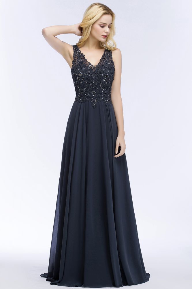 Vestidos de cerimónia longos de chiffon com decote em V, sem mangas, aplicados com cristais