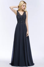 Vestidos de cerimónia longos de chiffon com decote em V, sem mangas, aplicados com cristais