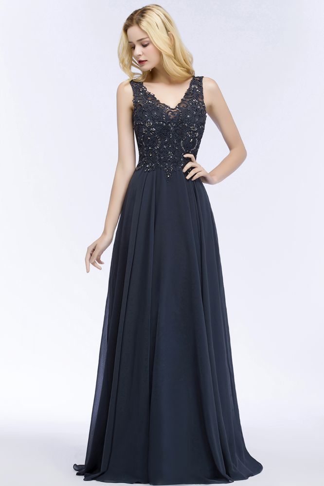 Vestidos de cerimónia longos de chiffon com decote em V, sem mangas, aplicados com cristais