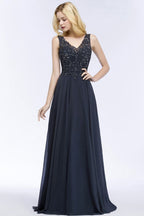 Vestidos de cerimónia longos de chiffon com decote em V, sem mangas, aplicados com cristais