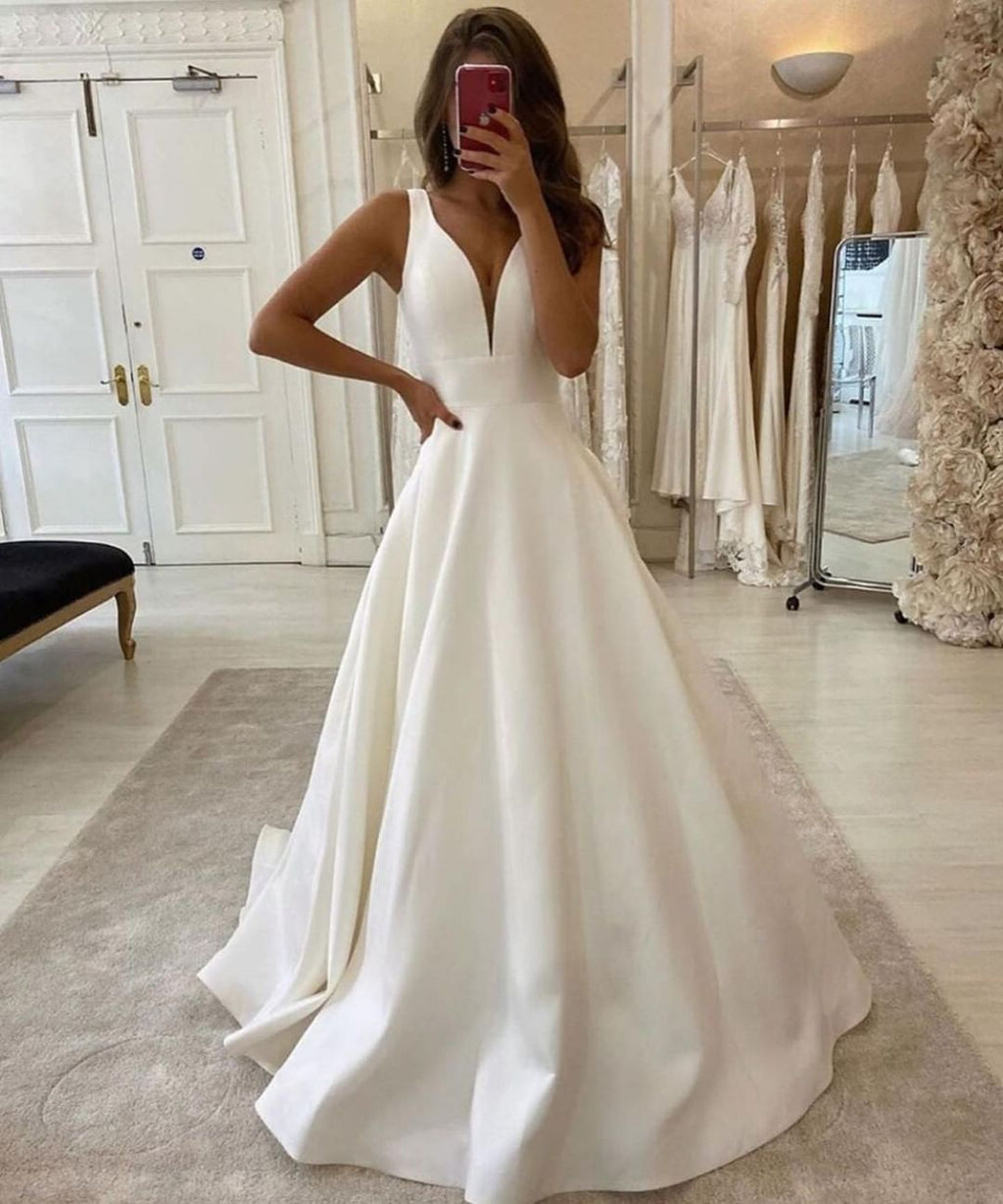 V Neck Sleeveless Satin A Line Wedding Dress With Back Zipper Train
