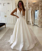 V Neck Sleeveless Satin A Line Wedding Dress With Back Zipper Train