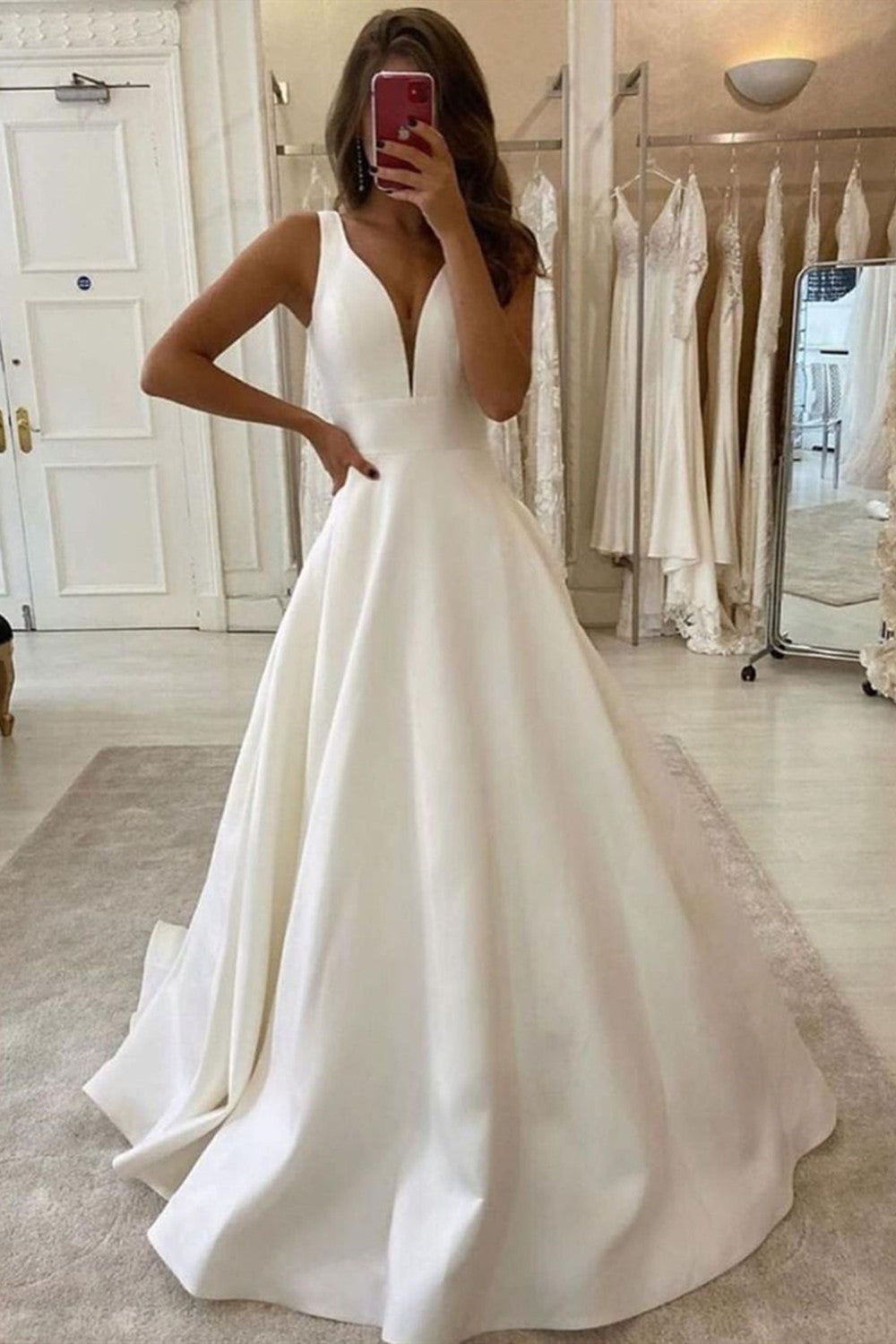V Neck Sleeveless Satin A Line Wedding Dress With Back Zipper Train