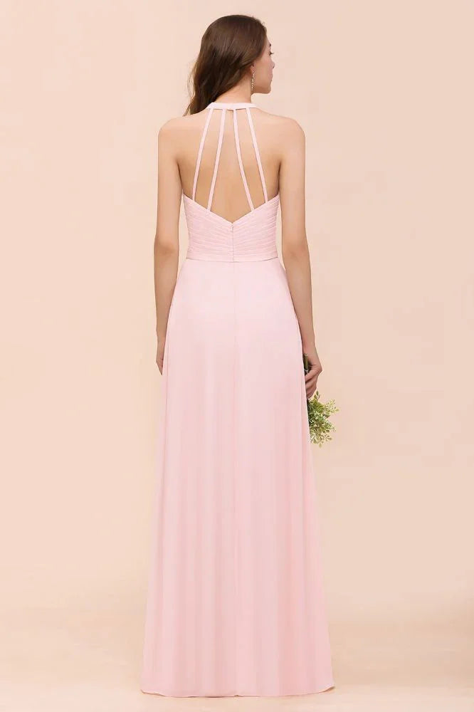 Maxikleid für Brautjungfern mit V-Ausschnitt und ärmellos, rosa Chiffon, Strandhochzeitskleid