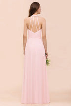 Maxikleid für Brautjungfern mit V-Ausschnitt und ärmellos, rosa Chiffon, Strandhochzeitskleid