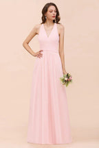 Maxikleid für Brautjungfern mit V-Ausschnitt und ärmellos, rosa Chiffon, Strandhochzeitskleid