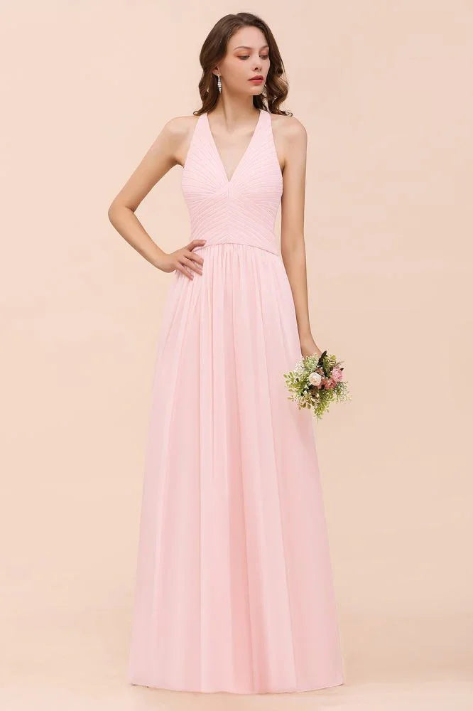 Maxikleid für Brautjungfern mit V-Ausschnitt und ärmellos, rosa Chiffon, Strandhochzeitskleid