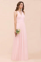Maxikleid für Brautjungfern mit V-Ausschnitt und ärmellos, rosa Chiffon, Strandhochzeitskleid