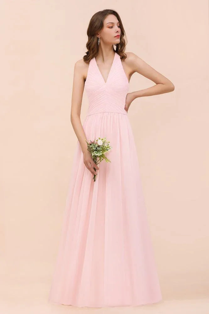 Maxikleid für Brautjungfern mit V-Ausschnitt und ärmellos, rosa Chiffon, Strandhochzeitskleid