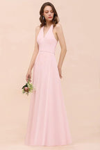 Maxikleid für Brautjungfern mit V-Ausschnitt und ärmellos, rosa Chiffon, Strandhochzeitskleid