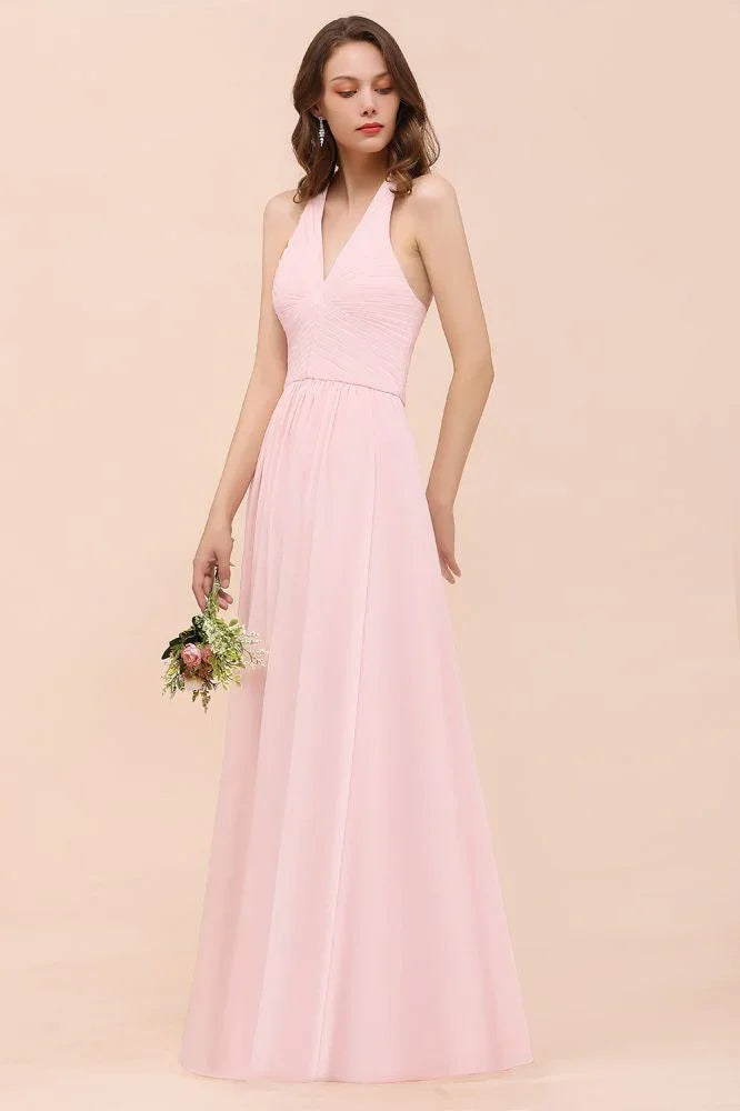 Maxikleid für Brautjungfern mit V-Ausschnitt und ärmellos, rosa Chiffon, Strandhochzeitskleid