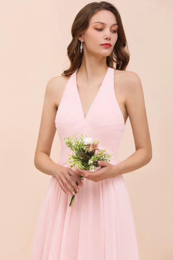 Maxikleid für Brautjungfern mit V-Ausschnitt und ärmellos, rosa Chiffon, Strandhochzeitskleid