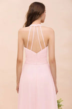 Maxikleid für Brautjungfern mit V-Ausschnitt und ärmellos, rosa Chiffon, Strandhochzeitskleid