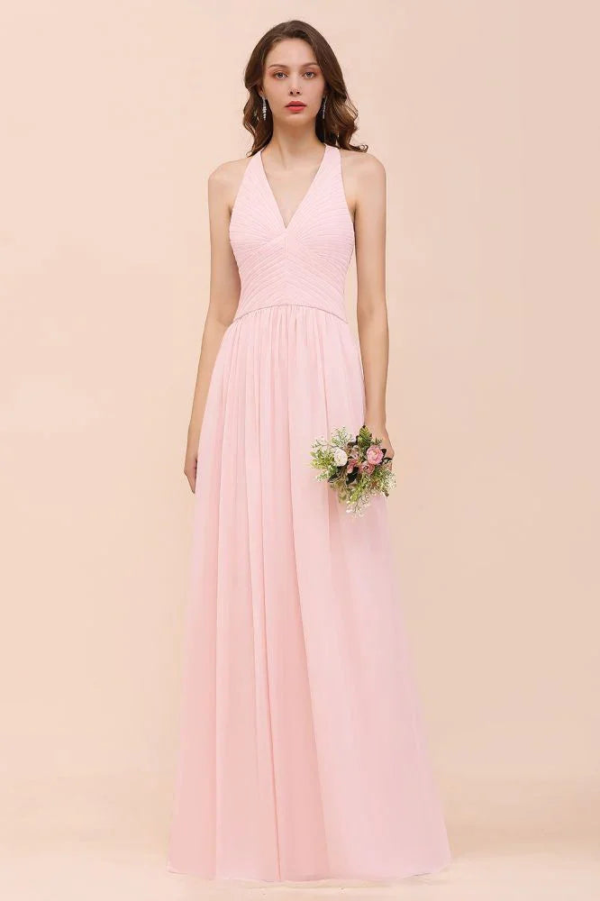 Maxikleid für Brautjungfern mit V-Ausschnitt und ärmellos, rosa Chiffon, Strandhochzeitskleid