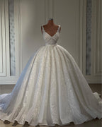 V-Neck Sleeveless Wedding Dress Ball Gown With Lace Appliques
