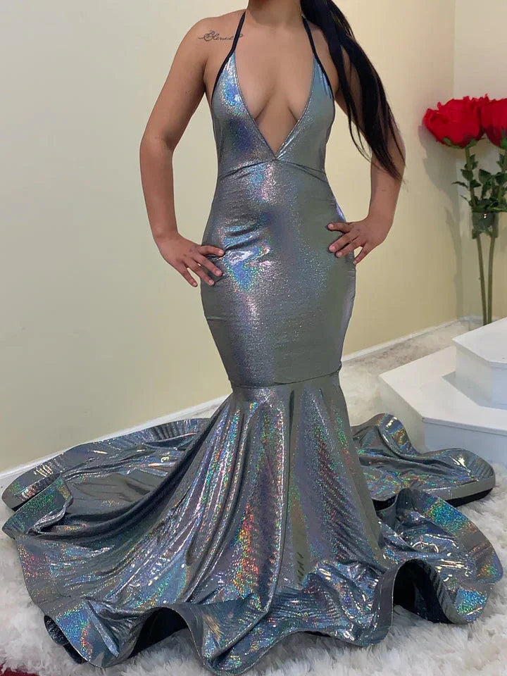 Vestidos de baile compridos com decote em V, alças finas e corte sereia