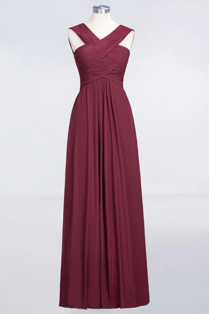 V-Neck Straps Sleeveless Floor-Length Bridesmaid Dress with Ruffles