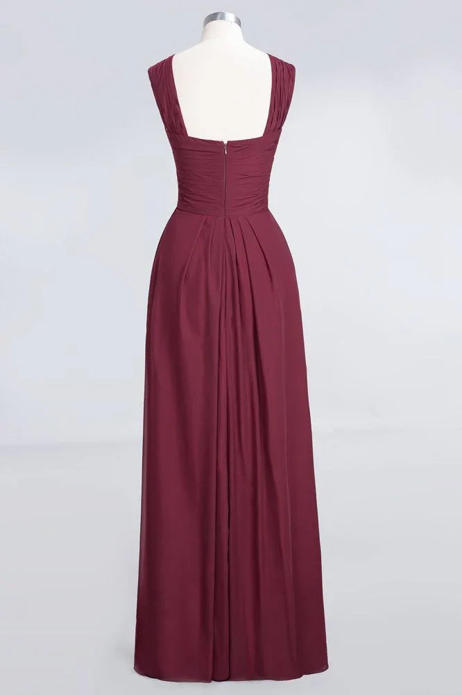 V-Neck Straps Sleeveless Floor-Length Bridesmaid Dress with Ruffles