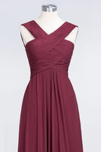 V-Neck Straps Sleeveless Floor-Length Bridesmaid Dress with Ruffles