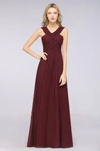 V-Neck Straps Sleeveless Floor-Length Bridesmaid Dress with Ruffles