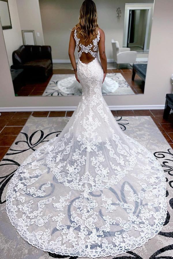 V-Neck Lace Mermaid Wedding Dress Sleeveless With Chapel Train