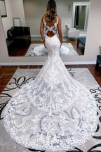 V-Neck Lace Mermaid Wedding Dress Sleeveless With Chapel Train