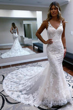 V-Neck Lace Mermaid Wedding Dress Sleeveless With Chapel Train